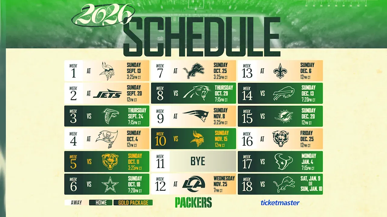 Packers 2026 Schedule Released: Six Primetime Games, Christmas Day & Wednesday Night Football